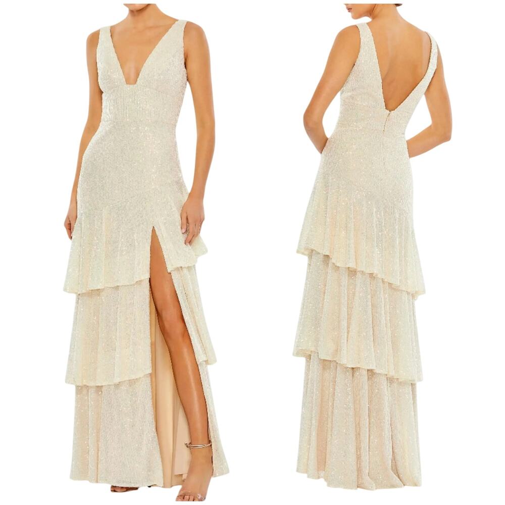 Mac Duggal NWT Iridescent Sequin Asymmetrical Ruffle Tiered Gown Sz 2 Side Slit